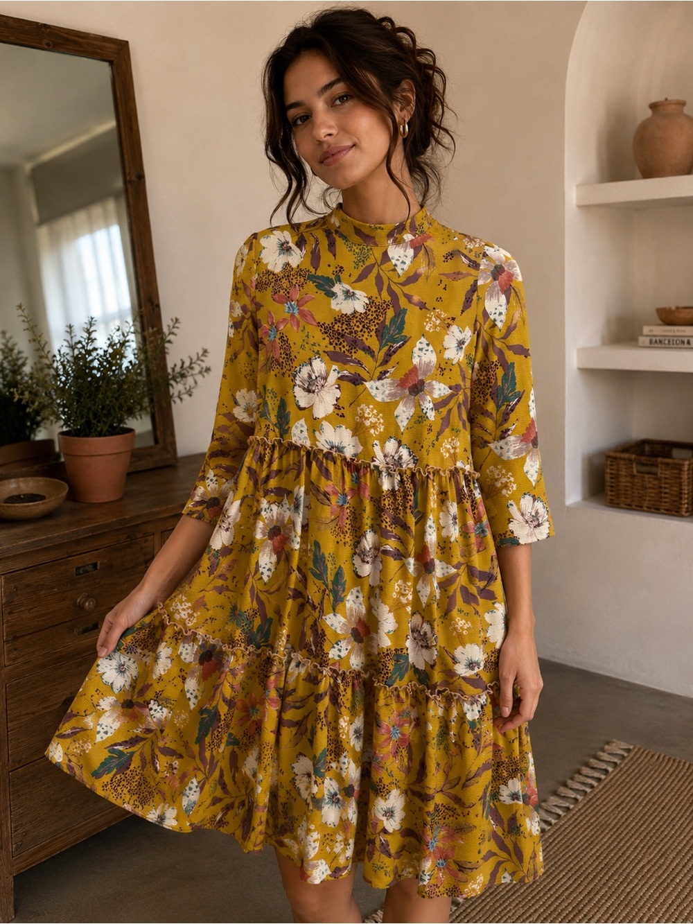 Adornit Mustard Boho Floral Tiered Midi Dress Size L High Neck 🌼